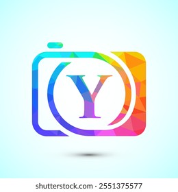 Initial alphabet Y with a camera icon. Low poly style logo for photography business