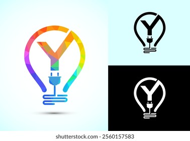 Initial alphabet Y with an electric bulb and plug. Electricity logo design template low poly style