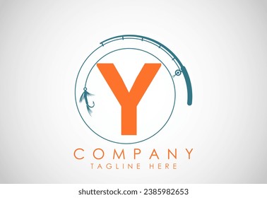 Initial alphabet Y with fishing rod and hook. Fishing logo concept vector illustration. 