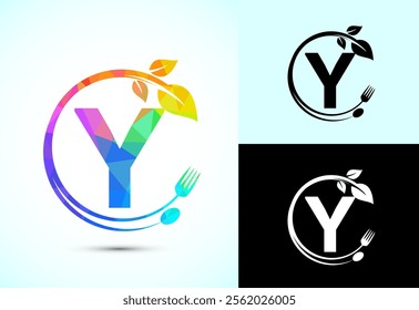 Initial alphabet Y with a fork, spoon, and leaf. Healthy natural food logo concept