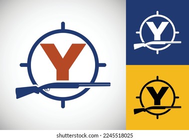 Initial alphabet Y with gun and target sign. Inspiration hunting club logo vector. Hunting logo