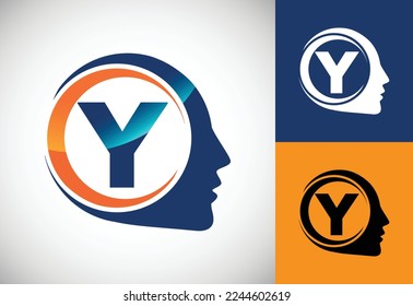 Initial alphabet Y with the human brain, A Logo for science, medical research, technology, AI