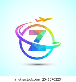 Initial alphabet Z with aeroplane. Travel icons. Aviation logo sign, Flying symbol. Flight icon low poly style