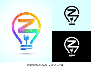 Initial alphabet Z with an electric bulb and plug. Electricity logo design template low poly style