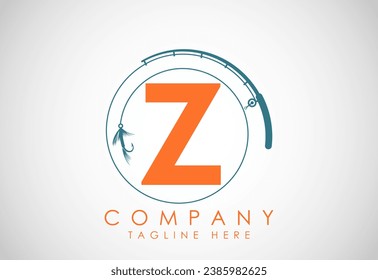 Initial alphabet Z with fishing rod and hook. Fishing logo concept vector illustration. 