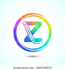 Initial alphabet Z with a pencil icon. Logo for education, student or corporate identity, low poly style