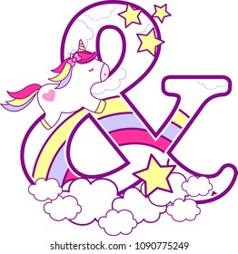 initial ampersand with cute unicorn and rainbow. can be used for baby birth announcements, nursery decoration, party theme or birthday invitation. Design for baby and children