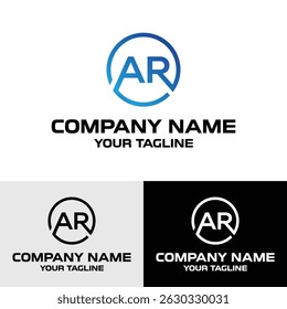 Initial AR letter geometric shaped rounded vector trendy modern logo design template. This image showcases three variations of a minimalist logo design featuring the letters "AR" within a circle.