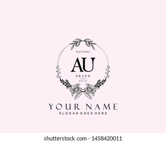 Initial AU beauty monogram and elegant logo design, handwriting logo of initial signature, wedding, fashion, floral and botanical with creative template.