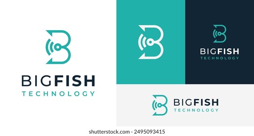 Initial B Bait Hook Fishing Signal Connect Technology Logo Design Branding Template