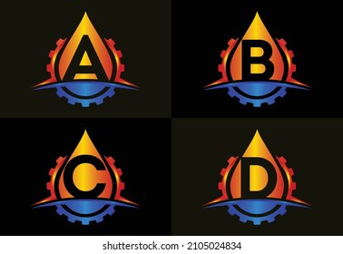 Initial A B C D monogram alphabet with gear swoosh and oil. Oil and gas logo concept. Font emblem