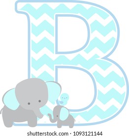 initial b with cute elephant and little baby elephant isolated on white. can be used for father's day card, baby boy birth announcements, nursery decoration, party theme or birthday invitation