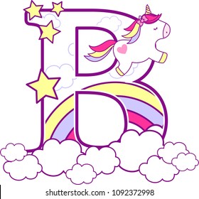 initial b with cute unicorn and rainbow. can be used for baby birth announcements, nursery decoration, party theme or birthday invitation. Design for baby and children