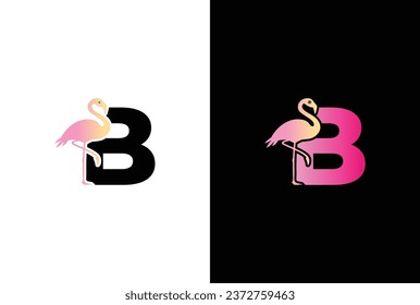 Logo inicial del ave B Flamingo. Icono de pájaro Flamingo con letra B Modelo de vector de diseño de logotipo.