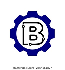 Initial B Gear mechanic technology vector logo template. Letter B modern logo clip art suitable for mechanic bussiness. black blue gear symbol