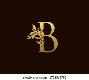 Initial B Gold Leaf Logo Design . Graceful style.  Vintage drawn emblem for book design, wedding ornament, brand name, letter stamp, Restaurant, Boutique, Hotel.  