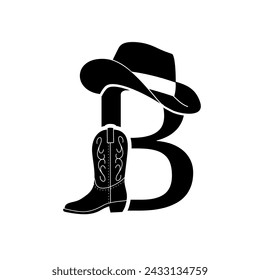 initial B with hat and shoes cowboy, Design element for logo, poster, card, banner, emblem, t shirt. Vector illustration