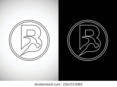 Initial B letter alphabet with a Hammer. Repair, renovation, and construction logo. Line art style logo