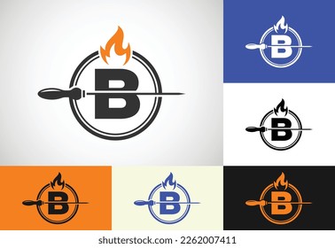 Initial B letter alphabet with a skewer and fire flame. Logo design for Barbecue, Seekh Kebab, etc.