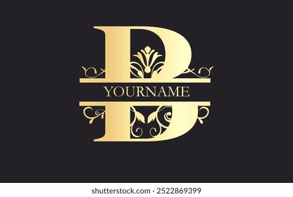 Initial B letter floral Split Letter Monogram,luxury Wedding invitation Monogram Design,gold color on black background