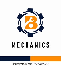 Initial B Letter with Gear and Wrench symbol for mechanic automotive repair business service logo template