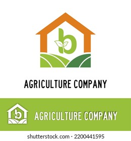 Letra inicial b con tierra, hojas e ícono de la casa para la agricultura idea del logo de la compañía de la granja