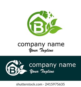 Carta inicial B con hojas y escoba para mantenimiento en casa, cuidado en el hogar o servicio de limpieza idea moderna de logotipo