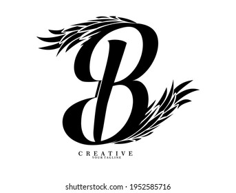 Initial B letter luxury beauty flourishes monogram black wings ornament. 