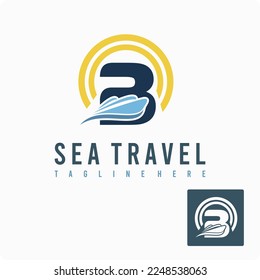 Letra B inicial con icono de buque marino, onda y sol para la plantilla de ideas de logotipo comercial de la agencia de vacaciones de viajes