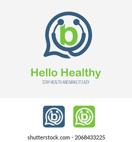 Initial b Letter with stethoscope and bubble speech for health care consultant service business logo design template. Hospital Clinic Call Center Icon Symbol design template.