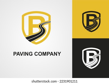 Initial B Letter with Street Asphalt, Paving and Shield for Construction Business Logo Template idea. Maintenance Roadwork