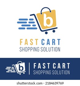 Letra inicial b en el logotipo de compras de carritos de carrito con símbolo de velocidad para el mercado en línea rápido y el concepto de logotipo de entrega de compras