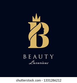 initial B luxury beauty queen woman face with crown logo design vector inspiration. consisting of letter B with lady face on negative space with crown