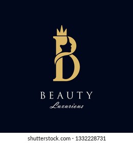 initial B luxury beauty queen woman face with crown logo design vector inspiration. consisting of letter B with lady face on negative space with crown