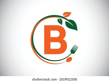 Initial B monogram alphabet with a fork, spoon, and leaf. Healthy, natural, food logo. Modern vector logo for cafe, restaurant, cooking business, and company identity