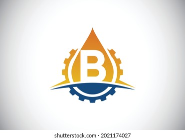 Initial B monogram alphabet with gear swoosh and oil. Oil and gas logo concept. Font emblem. Modern vector logo for petroleum business and company identity