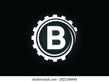 Alfabeto monograma B inicial en una espiral de engranajes. Diseño del logotipo del ingeniero de engranajes. Logotipo para automoción, mecánica, tecnológica, configuración, reparación de negocios e identidad de la empresa