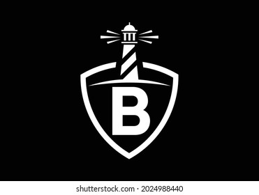 Initial B monogram alphabet in a shield with the lighthouse. Harbor logo. Font emblem. Modern vector lighthouse logo for business, organization, or website