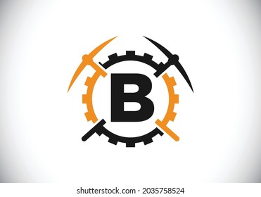 Initial B monogram letter alphabet with pickaxe and gear sign. Mining logo design concept. Modern vector logo for mining business and company identity.