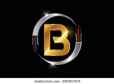 Alfabeto inicial B monograma con cable eléctrico, cable de fibra óptica. emblema de letra.