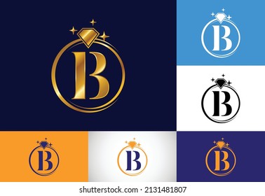 Initial-B-Monogramm-Buchstabenalphabet in einem Kreis mit Diamond. Diamantring-Logo. Design-Konzept des Schmucklogos. Modernes Vektorlogo für Unternehmens- und Firmenidentität.