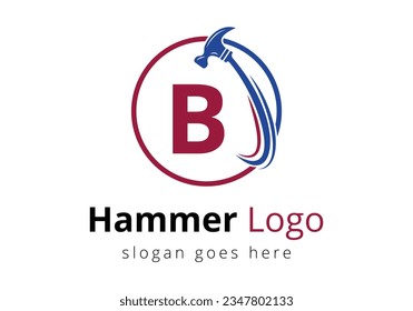 Initial-B-Monogramm-Buchstabenalphabet mit einem Hammer Logo-Konzept für den Bau, Holzbearbeitungsunternehmen Reparatur Symbol Vectorvorlage.  Modernes Vektorlogo für Bauunternehmen und Firmenidentität