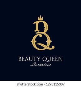 initial B Q Royal beauty queen woman face with crown logo design, consisting of a entwined B and Q with lady face on negative space with crown