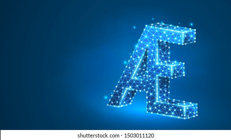 Initial based clean AE letter symbol. Universal elegant luxury alphabet aesh letter concept design. Abstract, digital, wireframe, low poly mesh, vector blue neon 3d illustration. Triangle, line dot