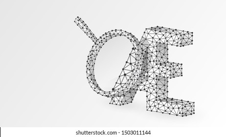 Initial based clean AE letter symbol with magnifying glass. Alphabet aesh letter analytics concept. Abstract, digital, wireframe, low poly mesh, vector white origami 3d illustration. Line dot