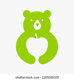 Initial Bear Apple Logo Negative Space Vector Template. Bear Holding Apple Symbol