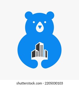 Initial Bear Building Logo Negative Space Vector Template. Bear Holding Building Symbol