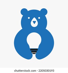 Initial Bear Bulb Logo Negative Space Vector Template. Bear Holding Bulb Symbol
