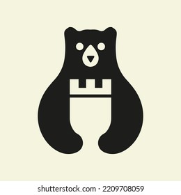 Initial Bear Castle Logo Negative Space Vector Template. Bear Holding Castle Symbol