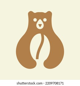 Initial Bear Coffee Logo Negative Space Vector Template. Bear Holding Coffee Symbol